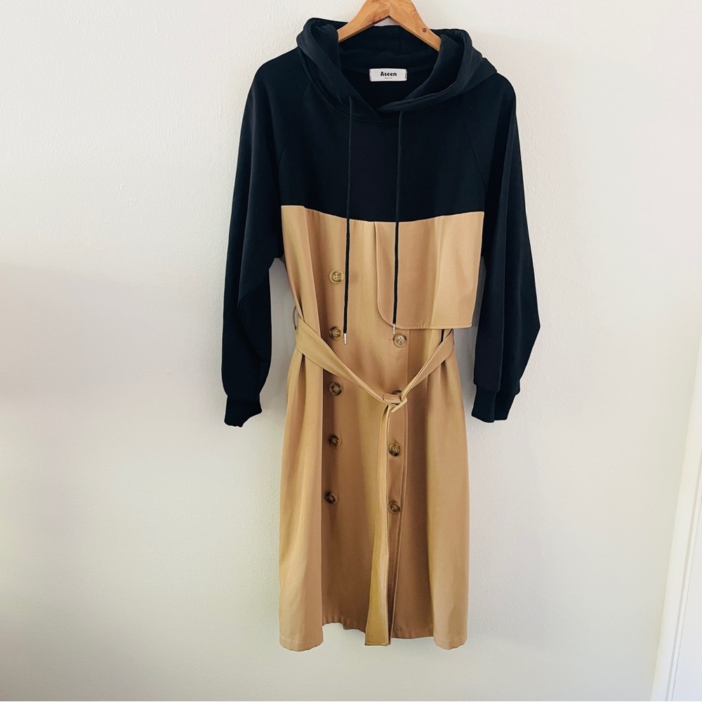 Aseen Hooded Trench Coat Sweatshirt Dress